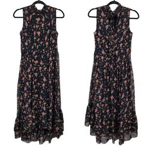 Rebecca Minkoff Dress Sheer Sleeveless Ruffle Hi-low Midi Floral‎ Black Sz XS